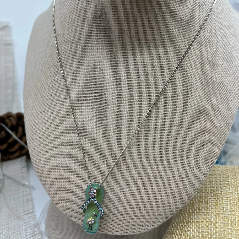 Vintage Sterling Silver Flip-Flop Pendant Necklace with Flamingo & Crystals, 18” - Picture 11 of 15